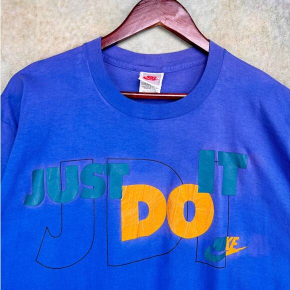 Vintage 80s Nike T Shirt Sz XL Blue Just Do It Logo Gray Tag USA Made Retro - Picture 5 of 8